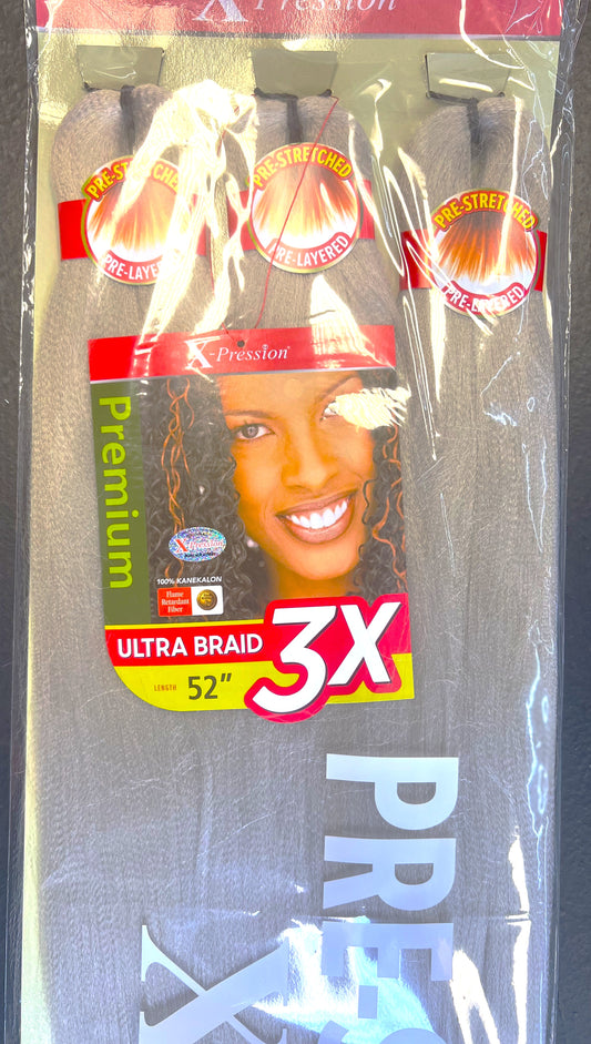 52" 3X X-pression Pre-stretched Braiding Hair- Silver Grey